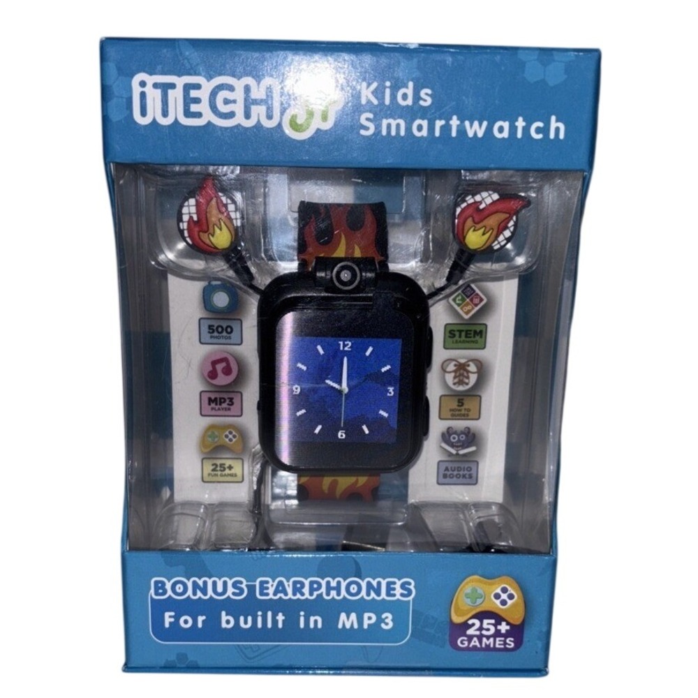 iTECH Jr Kids Smartwatch Black Orange Flame with Bonus Earphones STEM‎ Games NEW